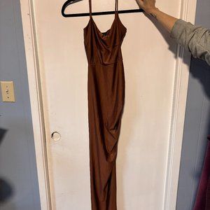 Windsor Brown Silk Satin Asymmetric Ruched Dress